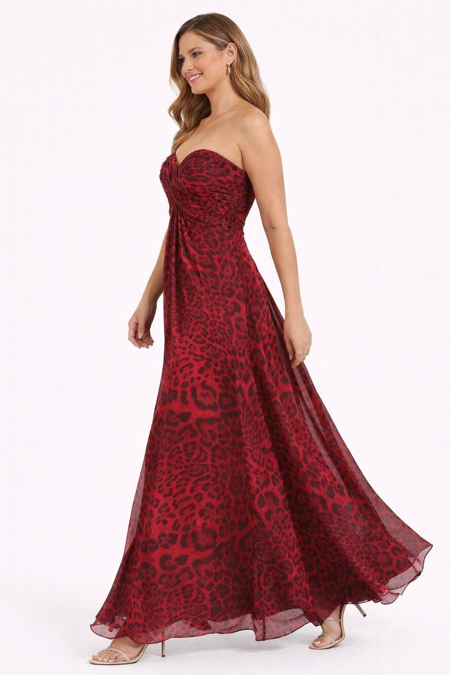 Tadashi Shoji Womens Silk Strapless Sweetheart Leopard Maxi Dress Size 4 Red
